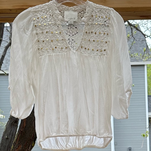 Aryn K. Anthropologie White Gold Crocheted Gauze Embellished Boho Blouse medium - Picture 9 of 15